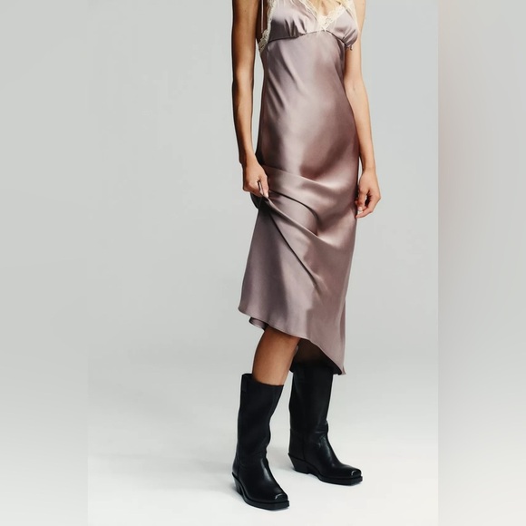 Zara Elegant Satin Slip Dress Lace Lingerie Liliac Maxi Evening Party XS - Picture 7 of 13